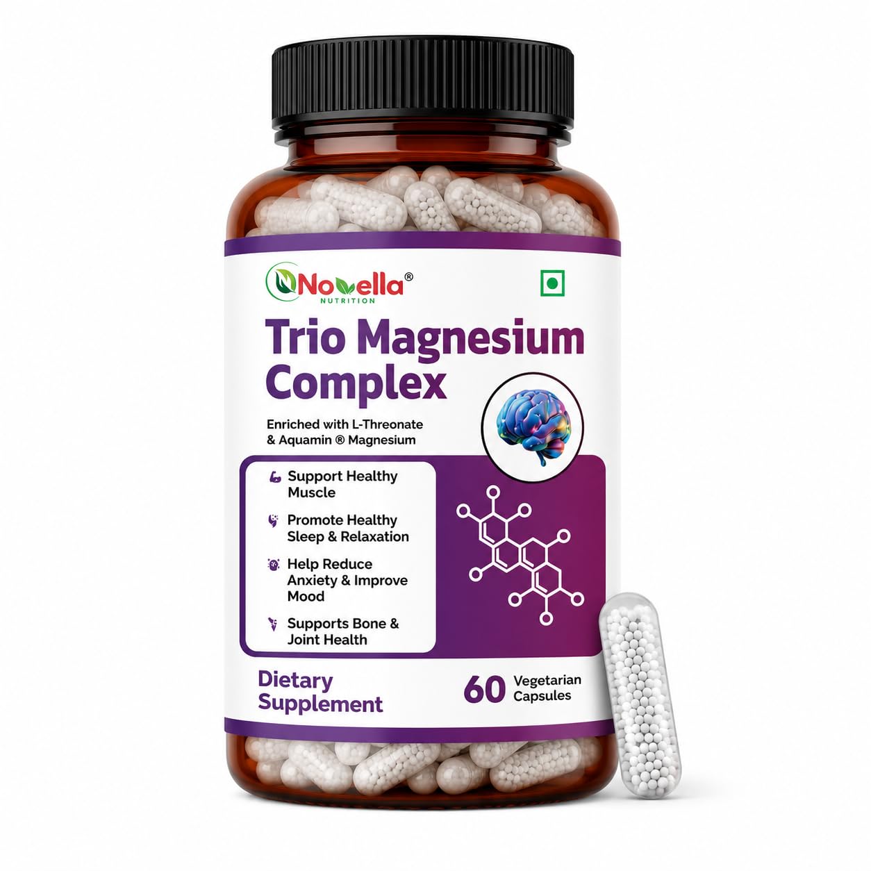 Novella Magnesium Complex – Triple Magnesium Formula with glycinate,Citrate & L-Threonate, Supports Muscles Recovery & Cramp,Better Sleep & Bone Strength – 60 Veg Capsules