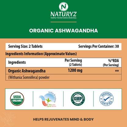 NATURYZ Organic Ashwagandha Highest Strength 1200mg tablets | Supports Stress Relief, Energy, Immunity & Muscle Recovery | Rejuvenate Mind & Body for Men & Women | Non-GMO, Vegan, Gluten-Free | USDA Organic Certified | Pesticides & Chemical Free - 60 Veg