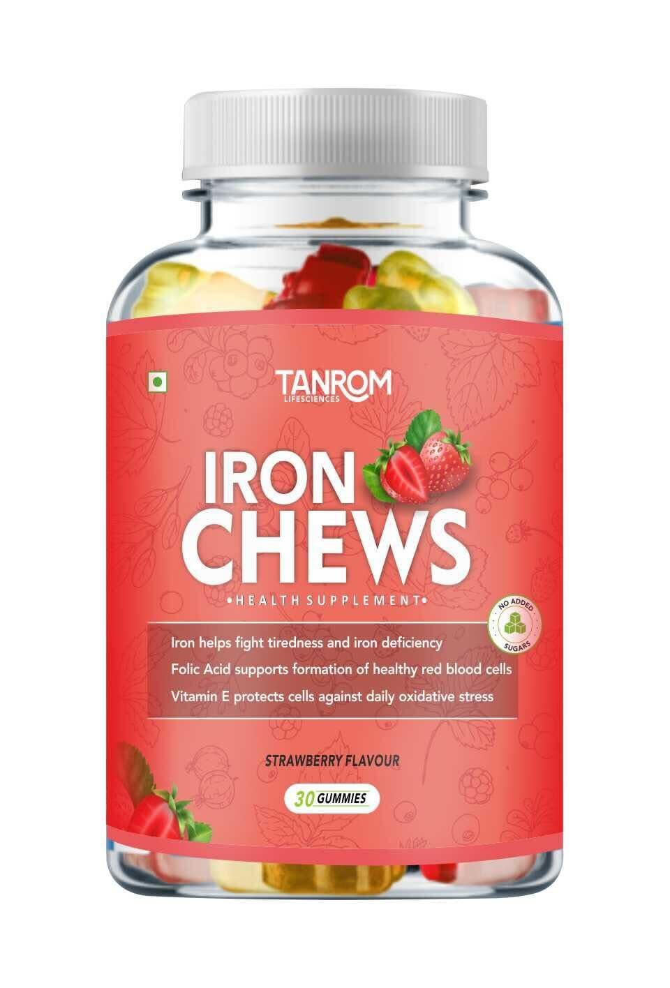 IronChews Daily Energy & Anti-Fatigue Gummies | Iron, Folic Acid & Vitamin E for Women & Men | Workout & Stamina and Absorption | Vegan Strawberry Gummies | 30 Count | No Added Sugar
