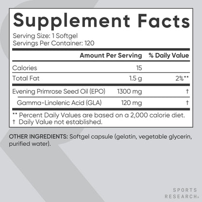 Sports Research Evening Primrose Oil 1300 mg Non - GMO Gluten - free Cold - Pressed with No Fillers or Artificial Ingredients (120 Liquid Softgels)