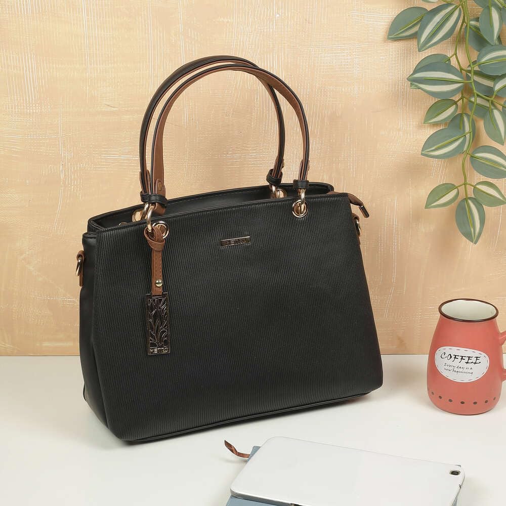 Metro Women Black Faux Leather Handbag with Detachable Sling (66-7852)