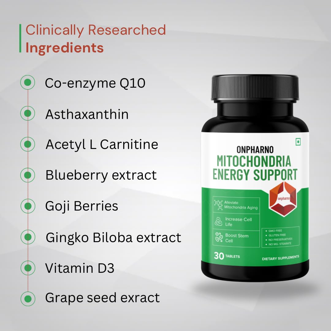 Onpharno Mitochondria Energy Support Supplement for Cellular Wellness & Daily Vitality | Advanced Energy Support Formula | Gluten Free Energy Booster | Supports Brain Function & Immunity - 30 tablets