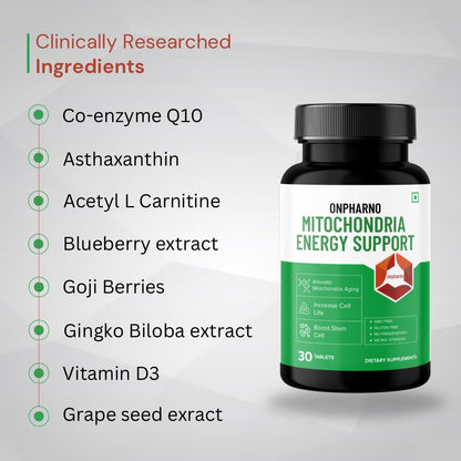 Onpharno Mitochondria Energy Support Supplement for Cellular Wellness & Daily Vitality | Advanced Energy Support Formula | Gluten Free Energy Booster | Supports Brain Function & Immunity - 30 tablets