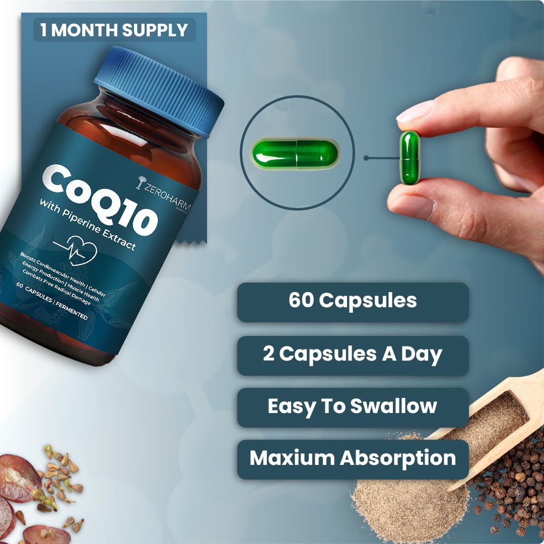 ZEROHARM CoQ10 250 mg with Piperine & Grape Seed Extract - High Absorption-Fermented Coenzyme Q10 Supplement- Antioxidant Support For Men & Women - 60 Veg Capsules