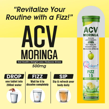 Raskam ACV Moringa Effervescent Tablets | 15 Tablets, 500mg Natural Energy & Immunity Booster with Antioxidants (Shikanji) Pack of 1