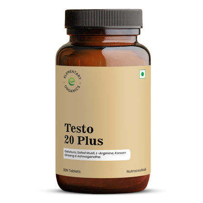 Elementary Organics Testo 20 Plus Supplement with Gokshura, Safed Musli, L-Arginine, Ashwagandha | Strength | Stamina | Performance | Energy – 30 Veg Tablets