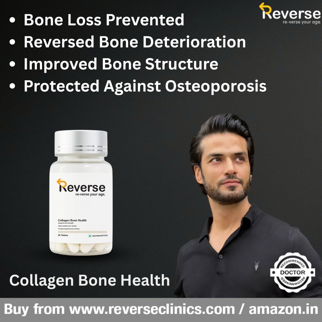 Reverse Clinics Collagen Bone Health- 60 Tablets | 500mg Calcium + Vitamin D3 & K2 | Supports Strong Bones, Joint Mobility & Skin Elasticity | Hyaluronic Acid, Curcumin & Biotin Blend