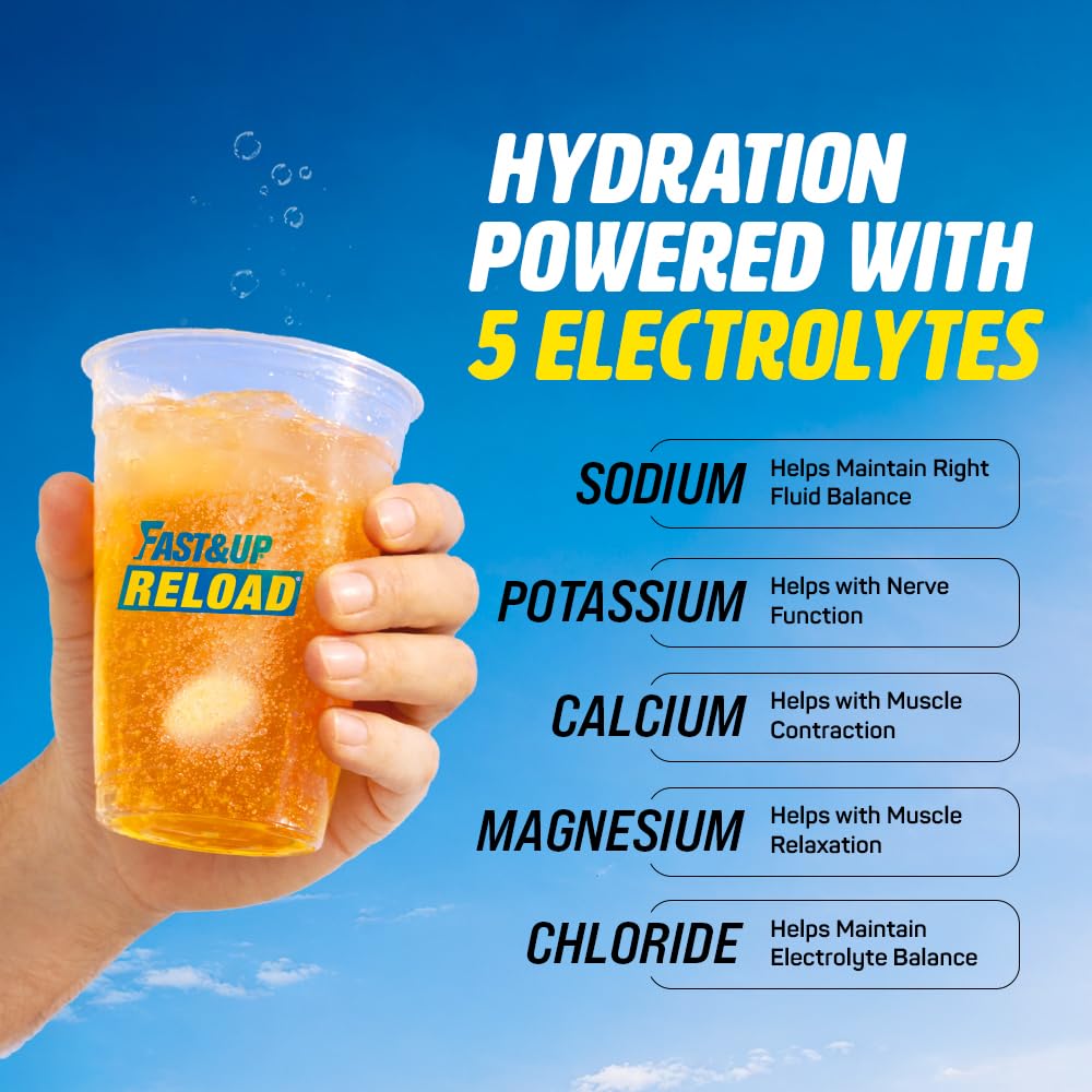 Fast&Up Reload (5 Litres) Low Sugar energy drink for Instant Hydration - 20 Effervescent Tablets with all 5 Essential Electrolytes + Added Vitamins - Certified Electrolytes Drink - Orange flavour