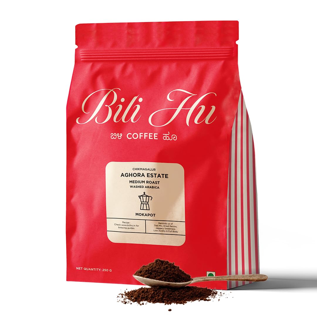 Bili Hu Coffee, Mokapot Grind Arabica Coffee Aghora Estate, Medium Roast, (Pack of 1, 250 Gram)