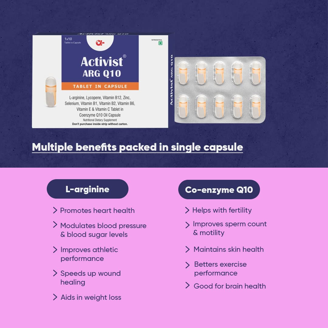 Activist Arg Q (Pack of 3) Capsule | Vitamin E & Vitamin C Tablet in Coenzyme Q Oil Capsule | Nutritional Dietary Supplement (Pack of 3)