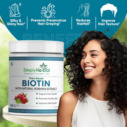 Simply Herbal Natural Biotin Powder Vitamin B7 Supplement with Sesbania Agati, Keratin, Bamboo Shoot Extract, Pomegranate and Amla for Stronger Shiner Hair & Healthier Skin for Men & Women – 150 gm