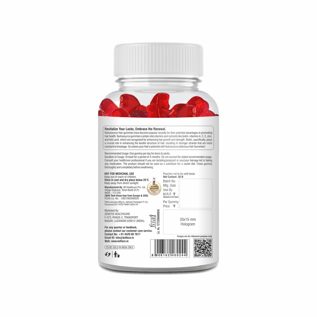 Nutrasource Hair Gummy with Biotin, Strawberry Flavour, 30 Gummies, Health Supplement, No added sugar for men & women hair Gummy