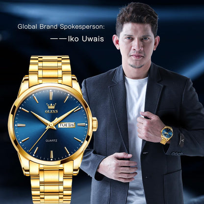 OLEVS Watch for Men Gold Blue Analog Quartz Dress Business Watch Day Date Calendar Stainless Steel Luxury Luminous Waterproof Casual Men Wrist Watches