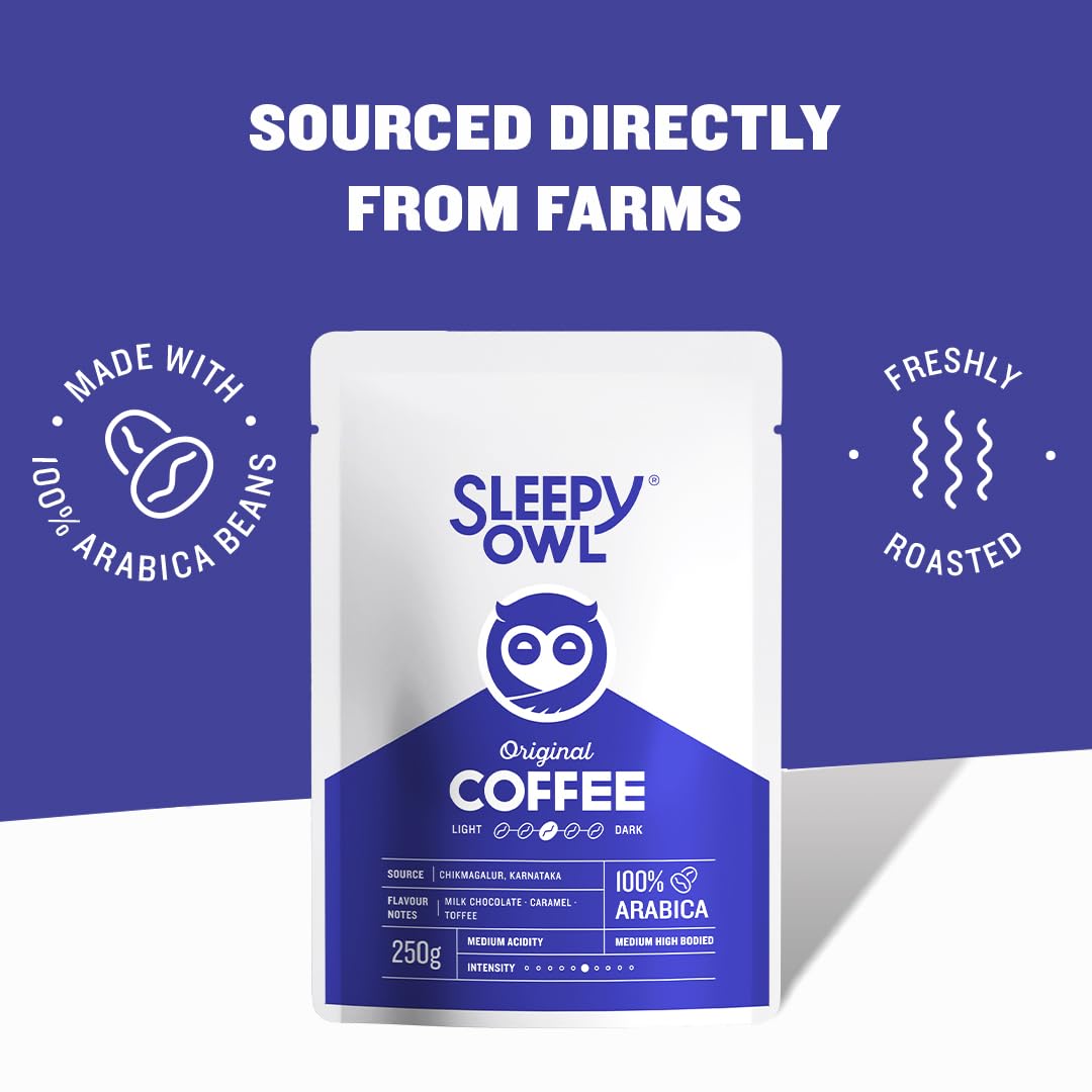 Sleepy Owl Ground Coffee for French Press | 100% Arabica Beans | Medium Roast - Original Flavour | Coarse Grind for Fresh Hot & Cold Brew | Premium Roasters | 250 gm | Chikmagalur Origin