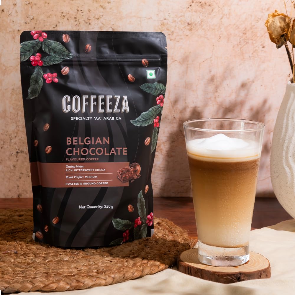 COFFEEZA Ground Coffee - Fine Grind - Belgian Chocolate Flavored - 250 Gram - Medium-Dark Roast 100% Arabica Ground Coffee Powder|Bag