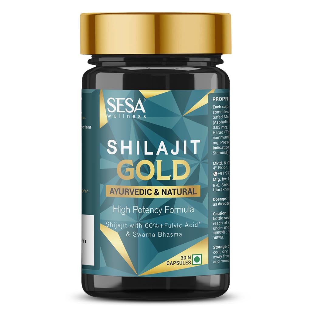 SESA Shilajit Gold 30 Capsules with 60%+ Fulvic Acid 100% Natural Ayurvedic Shilajit Extract Helps Boost Stamina & Strength, 30 Capsules