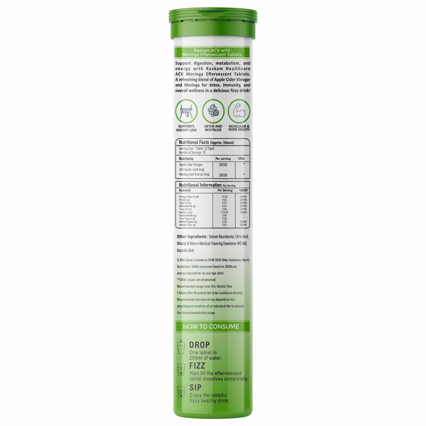 Raskam ACV Moringa Effervescent Tablets 500mg – Tropical Mango, Antioxidant Immunity Booster, Appetite & Energy Support, Sugar Free – 15 Fizz Tabs (Pack of 2)
