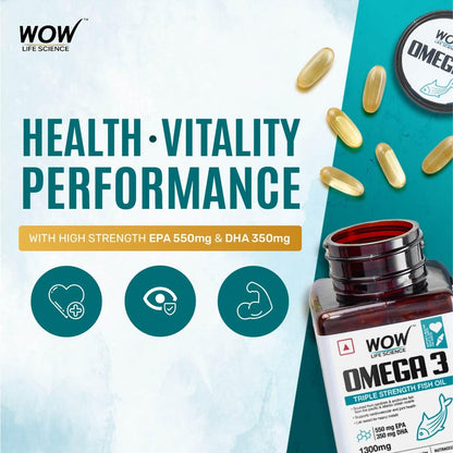 WOW Omega-3 Fish Oil 1300 mg Triple Strength 550mg EPA 350mg DHA, Burpless, Mercury free, Ideal for Keto Diet