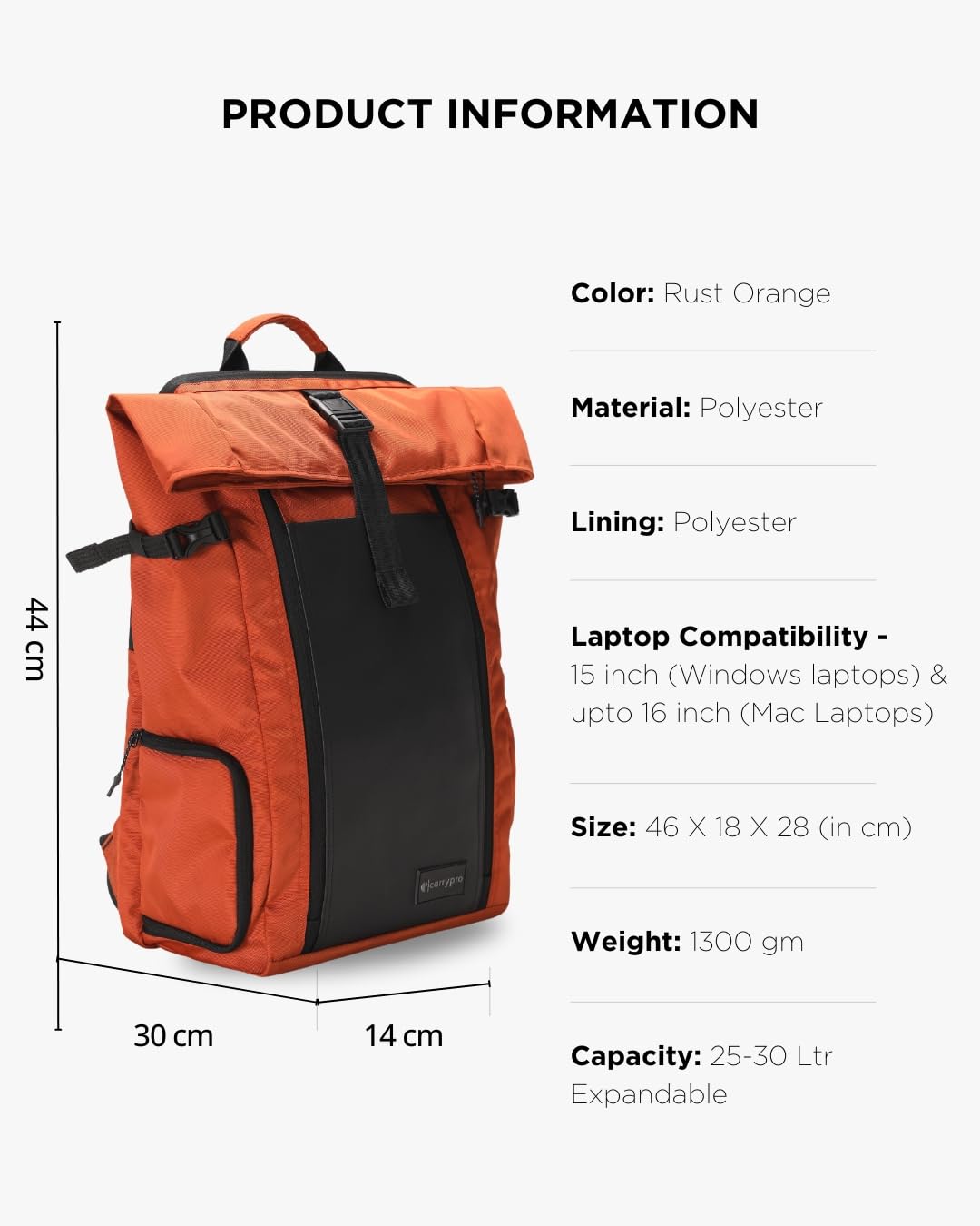 CarryPro HOBO25 V3.0 (Rust Orange), Everyday Workation Laptop Backpack(- image 8