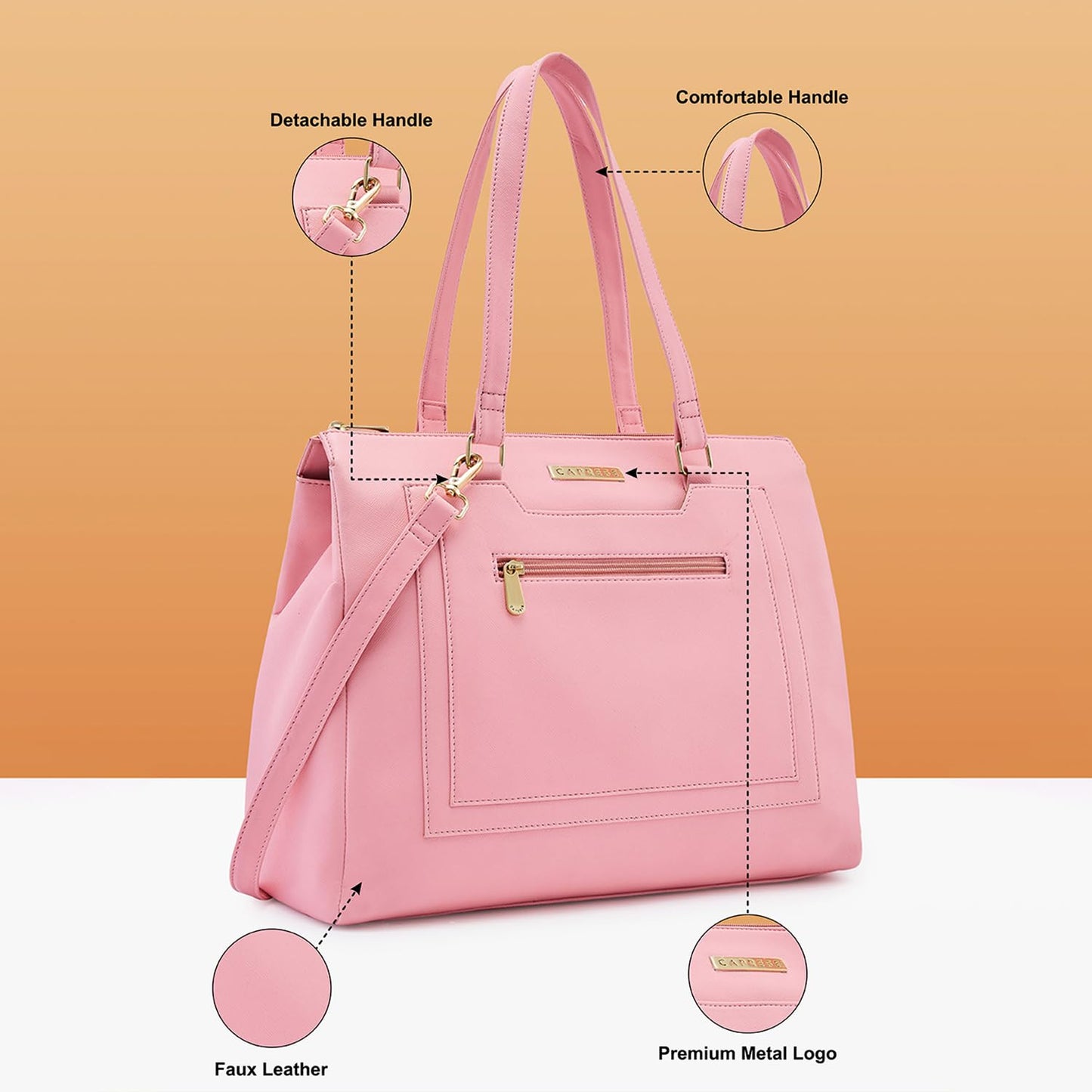 Caprese Ginty Satchel Bag, Medium | Stylish Solid Handbag for Women with Comfortable Flat Handles, Adjustable & Detachable Sling Strap | Secure Zip Closure | Perfect for Casual & Daily Use (Pink)