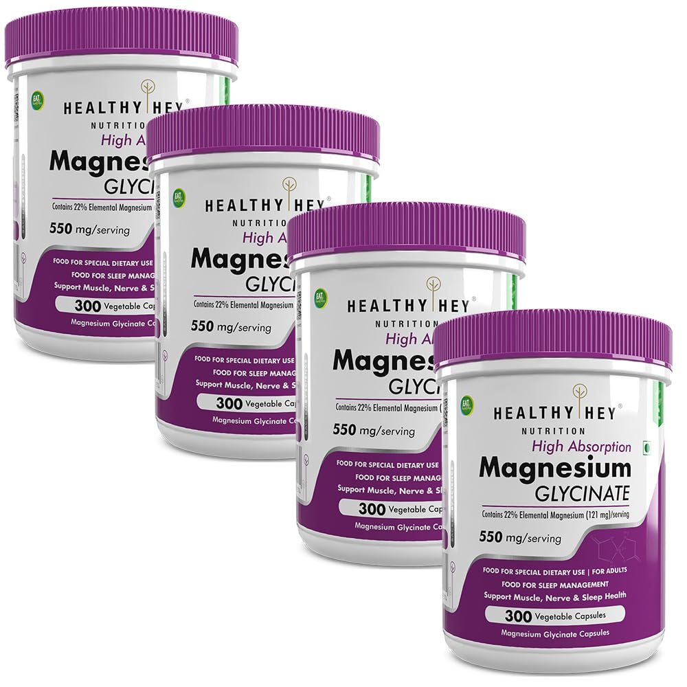 HealthyHey Nutrition High Absorption Magnesium Glycinate, 550mg - 300 Vegetable Capsules - Pack of 4