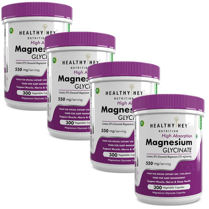 HealthyHey Nutrition High Absorption Magnesium Glycinate, 550mg - 300 Vegetable Capsules - Pack of 4