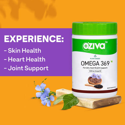 OZiva Plant Based Omega 3 6 9 Multivitamin Supplement for Men & Women (1000 mg Vegan Omega Oil Concentrate with Flaxseed & Blackseed Oil) Fatty Acids (Omega 3 6 9, 60 Capsules)