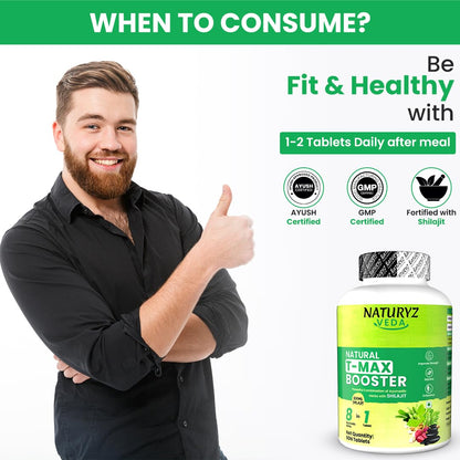 Naturyz VEDA Natural T-MAX Booster with 8 Ayurvedic Herbs | Highest Strength Shilajit | Safed Musli | Kaunch | Ashwagandha | Gokshura | Ginseng | High absorption | Original Shilajeet Improves Strength, Stamina, Endurance, Energy & Muscle Mass for Men & Wo