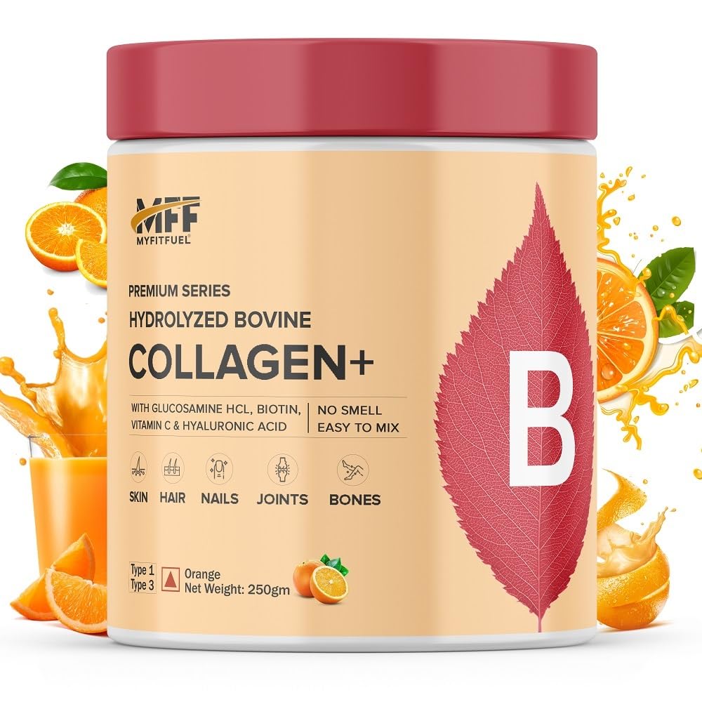 MyFitFuel Hydrolyzed Bovine Collagen with Glucosamine, Hyaluronic Acid, Biotin, Zinc & Vitamin C | For Skin, Hair, Nails & Joints, (250gm), Orange