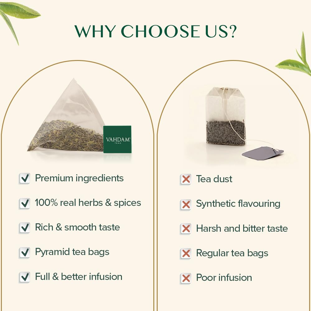VAHDAM, Organic Himalayan Green Tea Bags (50 Green Tea Bags) Non-GMO, Gluten Free | Naturally High Grown Green Tea | Earthy & Smooth | Resealable Ziplock Pouch | Plant - Based Pyramid Teabags