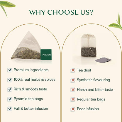 VAHDAM, Organic Himalayan Green Tea Bags (50 Green Tea Bags) Non-GMO, Gluten Free | Naturally High Grown Green Tea | Earthy & Smooth | Resealable Ziplock Pouch | Plant - Based Pyramid Teabags