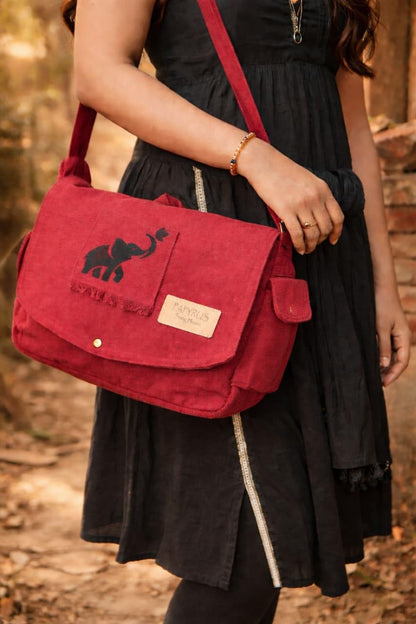 Papyrus Canvas Messenger Sling Bag,(32X23X10cm, 7.5L) Medium Size. Patching with Elephant Design (RED MAROON)