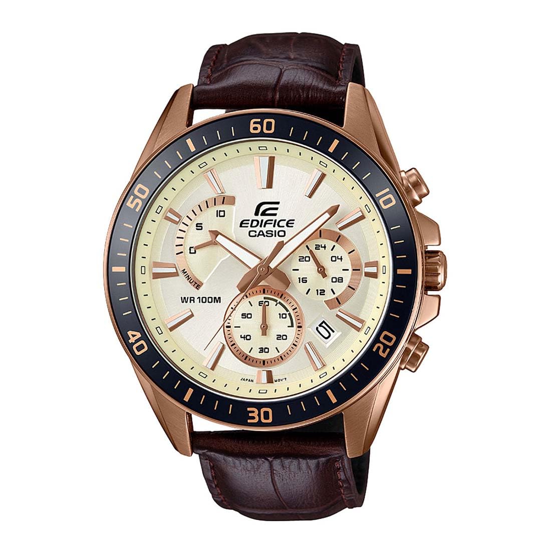 Casio Edifice EFR-552GL-7AVUDF Beige Analog Dial Brown Leather Band Men's Watch Chronograph 100M Water Resistant EX359