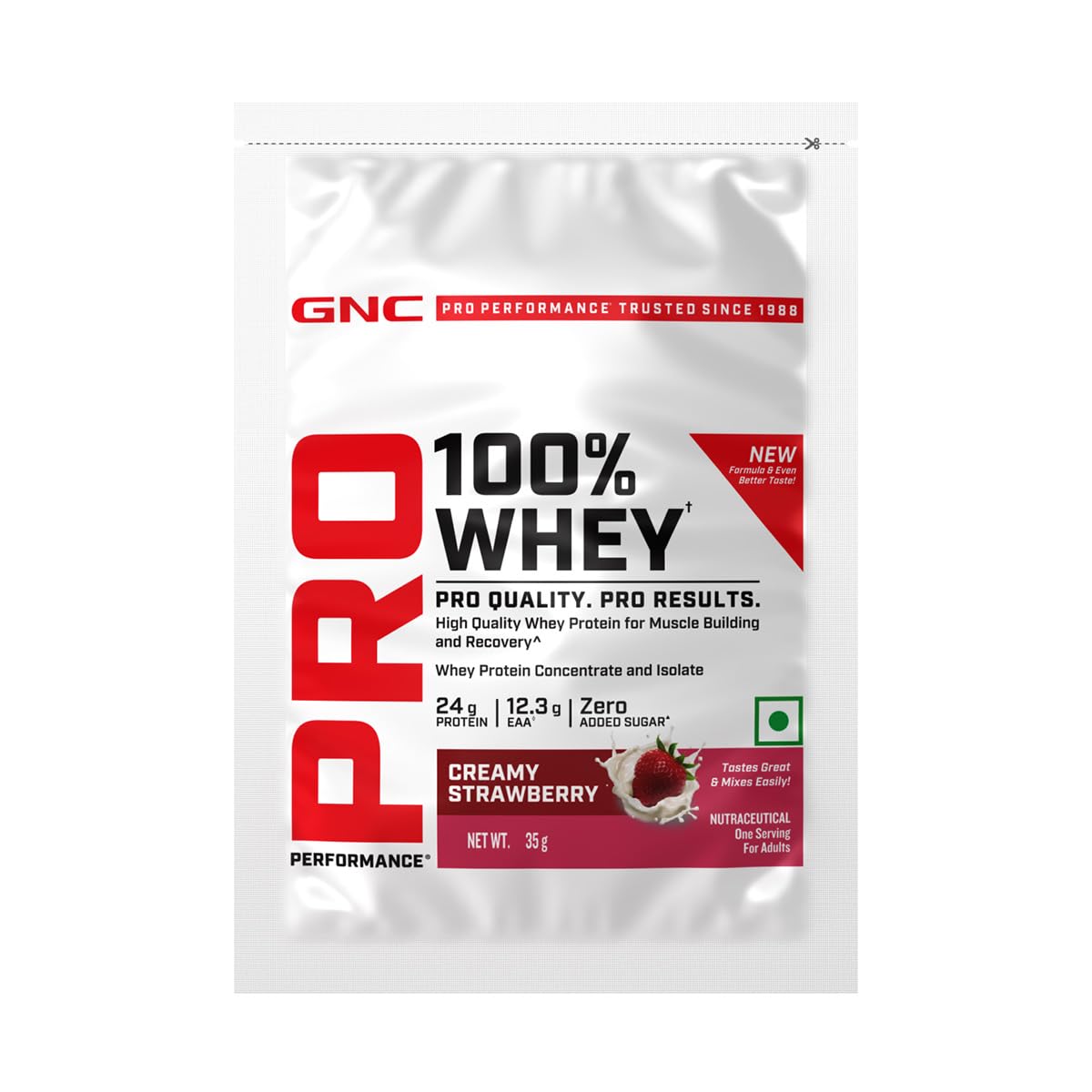 GNC Pro Performance 100% Whey Protein Powder | 35 Gm | 1 Serving | Boosts Strength & Endurance | Builds Lean Muscles | Fastens Muscle Recovery | 24g Protein | 5.5g BCAA | Creamy Strawberry