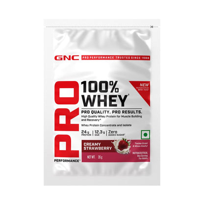 GNC Pro Performance 100% Whey Protein Powder | 35 Gm | 1 Serving | Boosts Strength & Endurance | Builds Lean Muscles | Fastens Muscle Recovery | 24g Protein | 5.5g BCAA | Creamy Strawberry