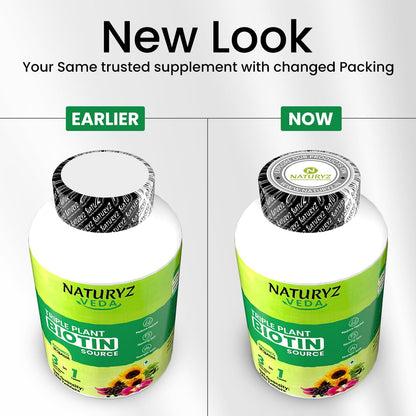 Naturyz Veda Triple Plant Biotin For Hair Growth | 100% Rda Biotin| Sesbania Agati | With 3 Vegan Sources | Stronger & Increased Hair Density | Shinier Nails | Glowing Skin - 60 Tablets