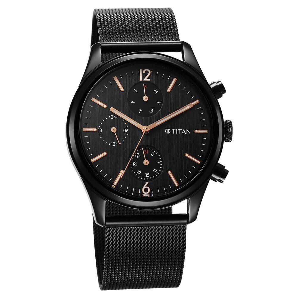 Titan Neo Black & Gold Quartz Analog with Day and Date Black Dial Stain- image 4