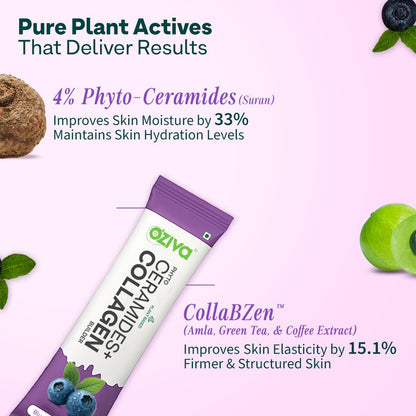 OZiva Phyto Ceramides+ Collagen Builder Supplements | Veg Collagen Powder for Women | Supplement for Skin Hydration, Moisture Retention & Barrier Repair | Blueberry, 30 Sachets