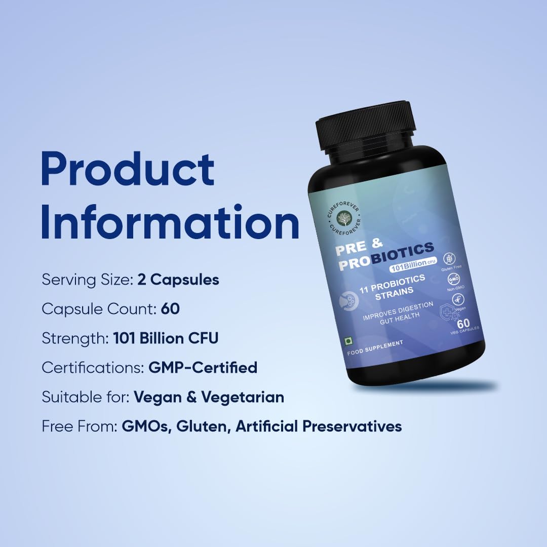CUREFOREVER Probiotics 101 Billion CFU with Prebiotics – Daily Gut & Digestive Health Supplement for Women & Men | Supports Bloating, Gas, Constipation, Immunity & Flora Balance – 60 Vegan Capsules (500mg Prebiotic Blend)