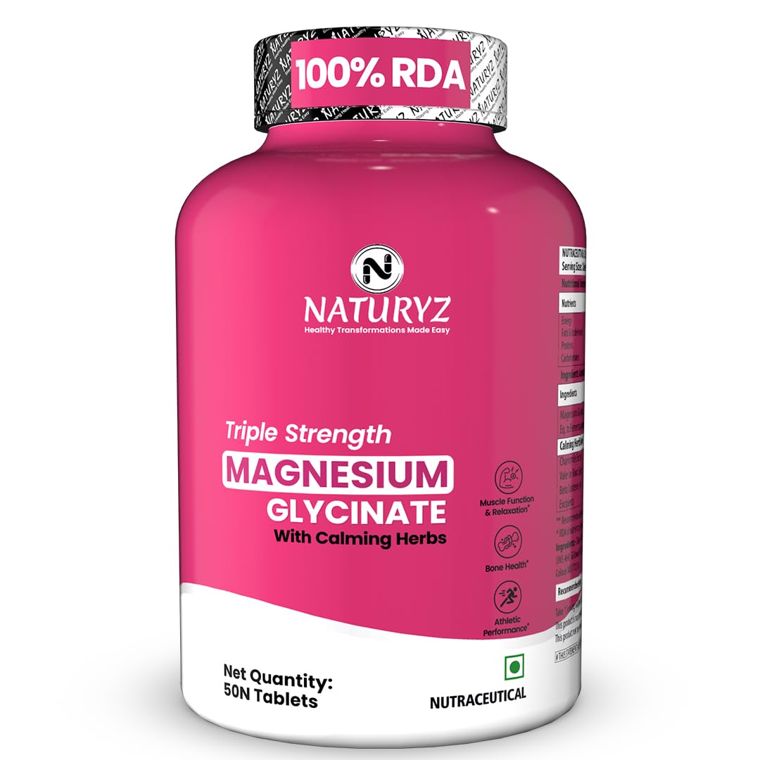 NATURYZ Triple Strength Magnesium Glycinate 2000mg & Calming Herbs for Men & Women | Chamomile | Valerian Extract | 100% RDA Magnesium | Supports Nerve Health, Muscle Relaxation & Sleep Quality - 50 Tablets