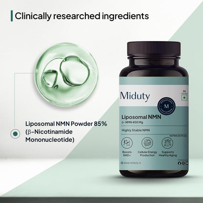 Miduty Liposomal NMN 85% Highly Stable 400 mg Supplement | Nicotinamide Mononucleotide for Anti-Aging, NAD+ Support & Cellular Health | NMN Capsules with Resveratrol | 30 Capsules
