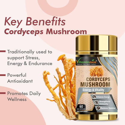 Vitaminnica Cordyceps Mushroom 500mg- 60 Vegan Capsules | Nootropics for Energy & Endurance
