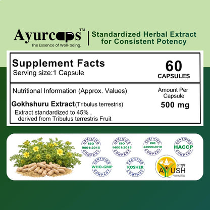 Ayurcaps Gokhshuru Capsules (Tribulus Terrestris) | Ayurvedic Supplement For Men, Women | Supports Energy, Stamina & Active Daily Routine | Plant-based Veg Capsules For Wellness Support | 60 Capsules