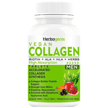 HERBAGENIX Collagen Supplements For Men, Biotin, Hyaluronic Acid Supplement, Vitamin C, E, Hydrolyzed Protein Peptides Booster With Marine Collagen Powder For Skin Whitening, Glow & Hair-60 Tablets