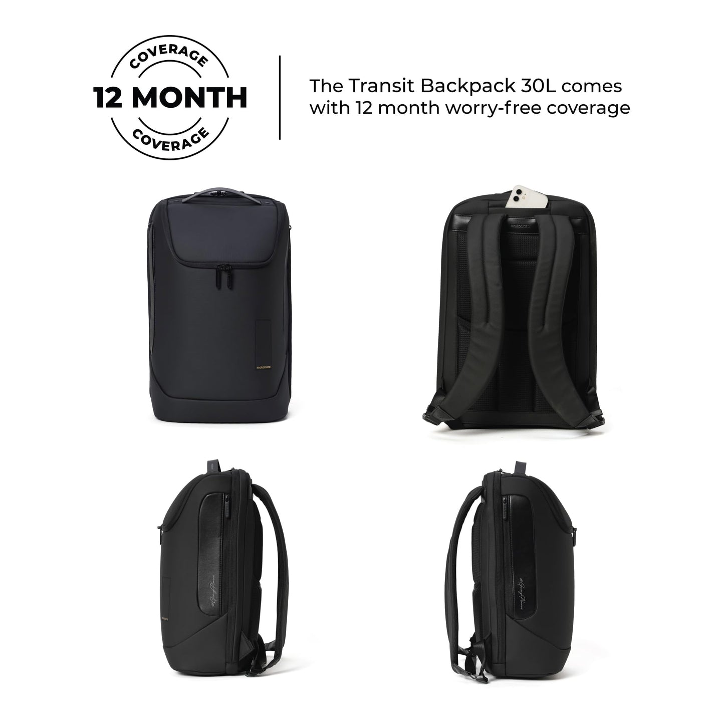 MOKOBARA Transit Backpack | Fits Laptop Up To 16 Inch, 30L Capacity, Water-Resistant Polyester, Vegan Leather Trims | Money Moves, Black