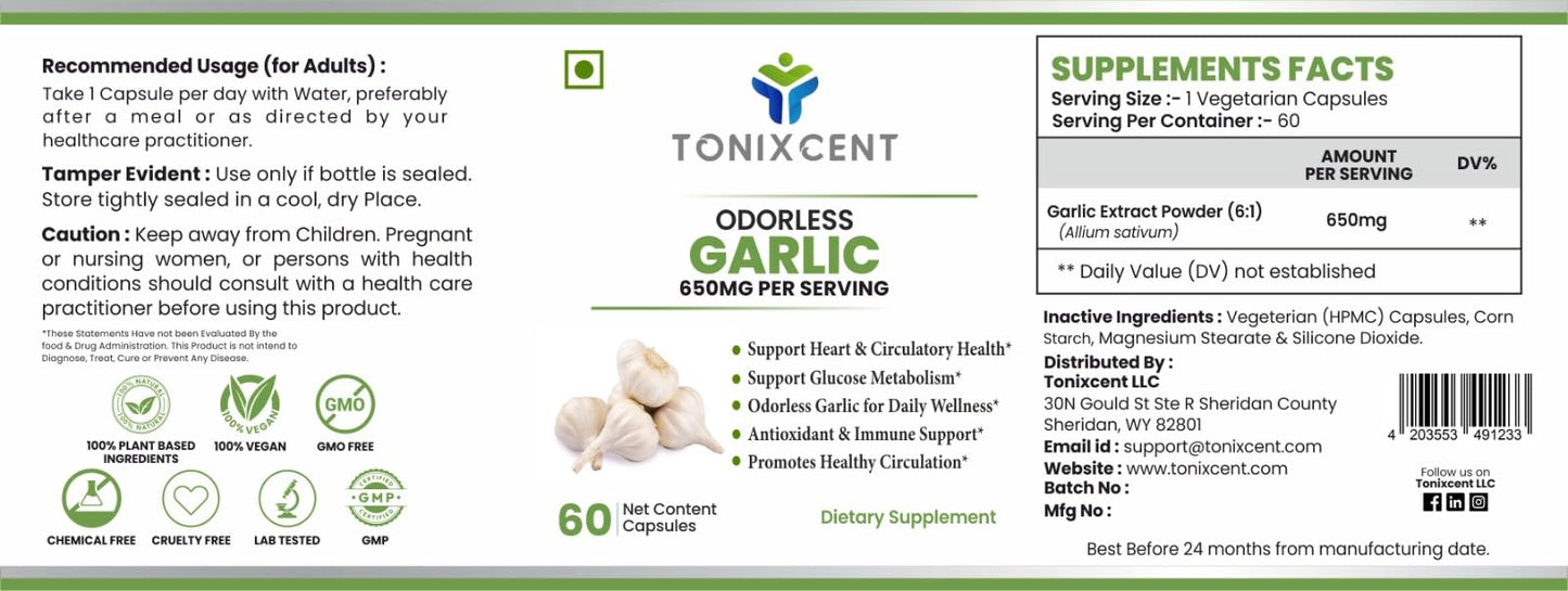 TONIXCENT Calm Digestion Blend | Garlic 650mg & Magnesium Glycinate 400mg Capsules | Supports Stress Relief, Heart Health & Muscle Recovery | 60+60 Vegan Capsules