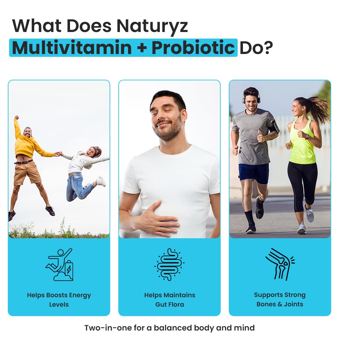 NATURYZ Highest Strength Daily Multivitamin with 50 Billion CFU Pre-Probiotics | Goodness of 2 Supplements in 1 | 44 Nutrients | Vitamins & Minerals Supports Gut Health, Immunity & Boosts Energy - 50 Tablets