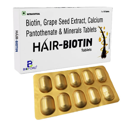 Bioford Hair Biotin Tablets with Grape Seed Extract, Calcium Pantothenate & Essential Minerals | Supports Hair Growth, Strong Nails & Healthy Skin | Pack of 1