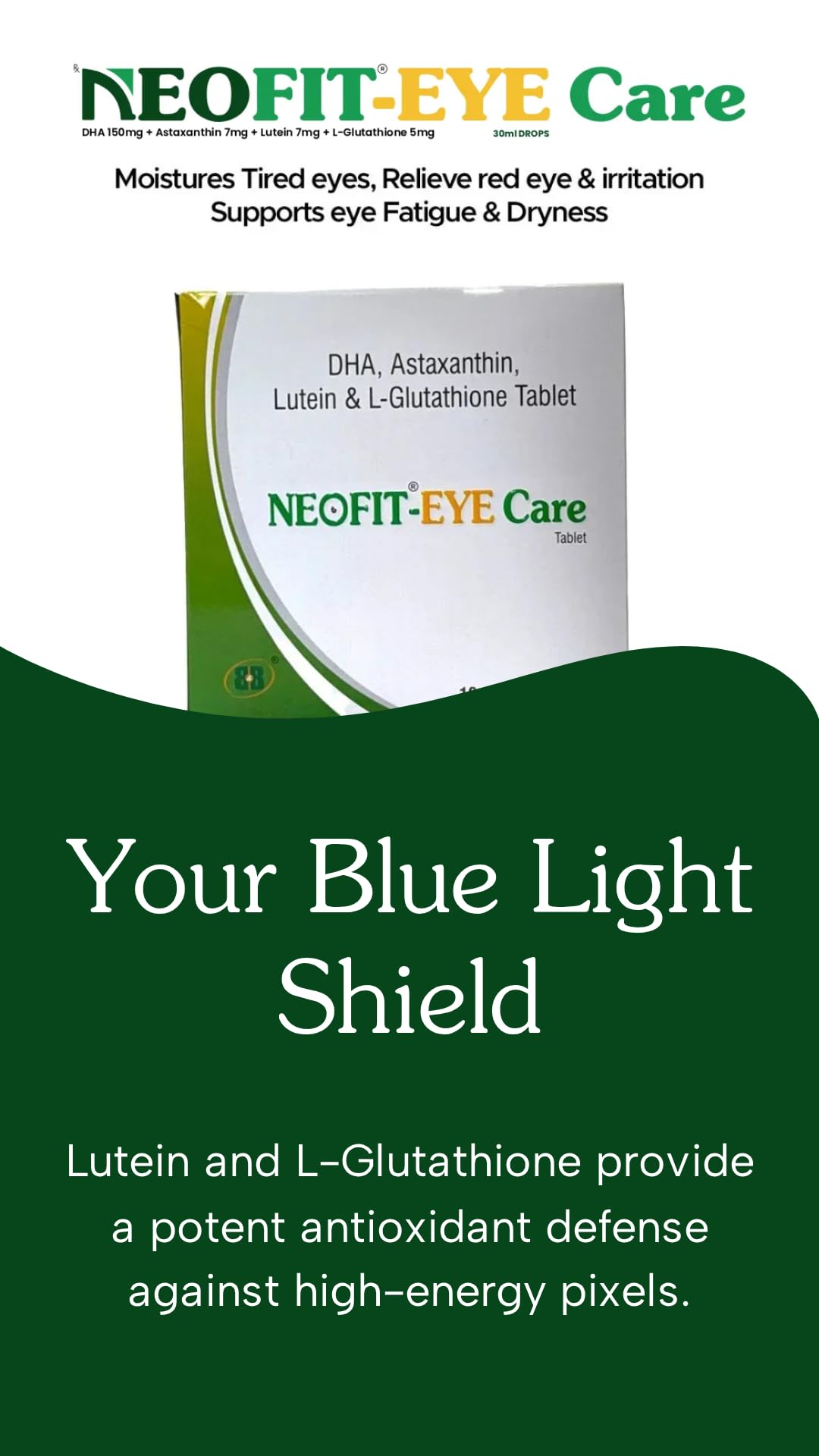 NEOFIT Eye Care Tablets with DHA, Astaxanthin, Lutein & L-Glutathione | Nutritional Supplement Tablets | Strip of 10 Tablets