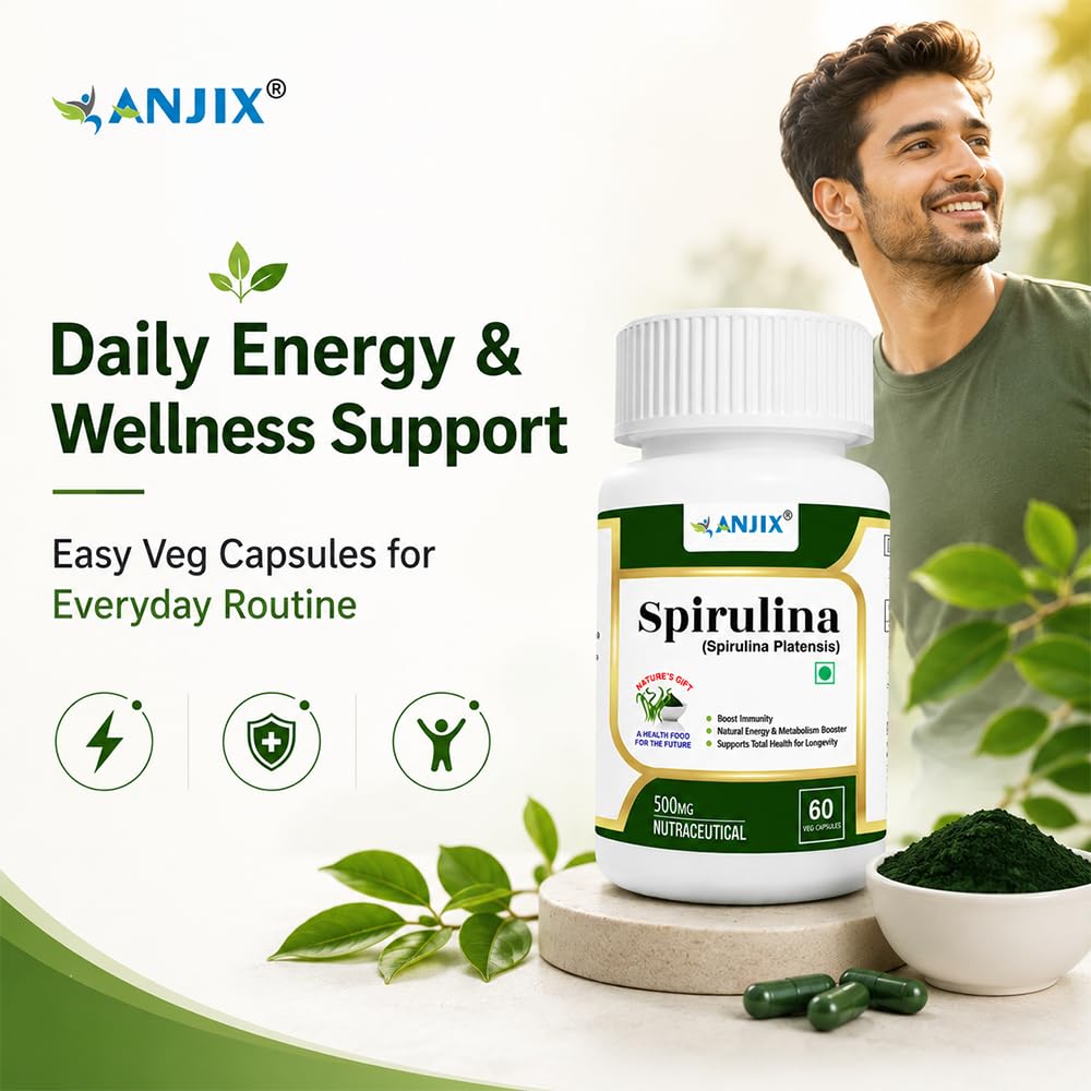 ANJIX Spirulina 500 mg Veg Capsules | Plant Based Superfood Supplement for Energy Immunity & Daily Wellness | 60 Capsules